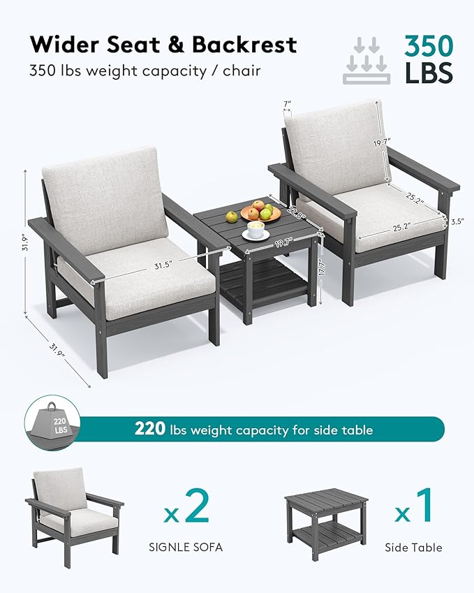 SERWALL HDPE Patio Sofa Set, 3-piece Sectional Outdoor Furniture Set, All Weather Outdoor Couch Set Patio Furniture Set for Deck, Lawn, Grey Frame with Khaki Cushion