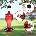 Glass Hummingbird Feeder, Red, 20 OZ | Hand-blown hummingbird feeder for outdoor hanging, reflective fish-scale design, leak-proof seal, ant moat, garden decor