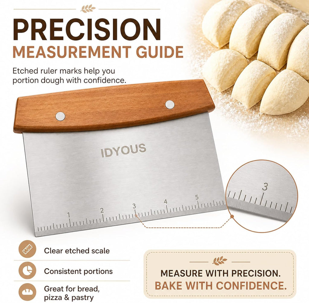 Bench Scraper and Dough Cutter, Stainless Steel Bread Cutter | Measurement Marks, Kitchen Tool for Flat Top Grill, Bread, Pizza and Baking