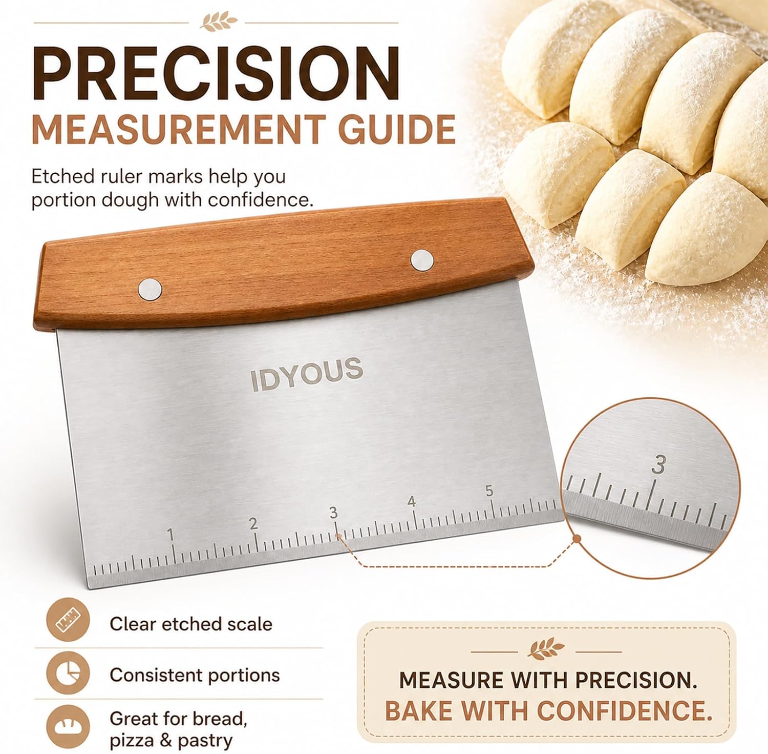 Bench Scraper and Dough Cutter, Stainless Steel Bread Cutter | Measurement Marks, Kitchen Tool for Flat Top Grill, Bread, Pizza and Baking