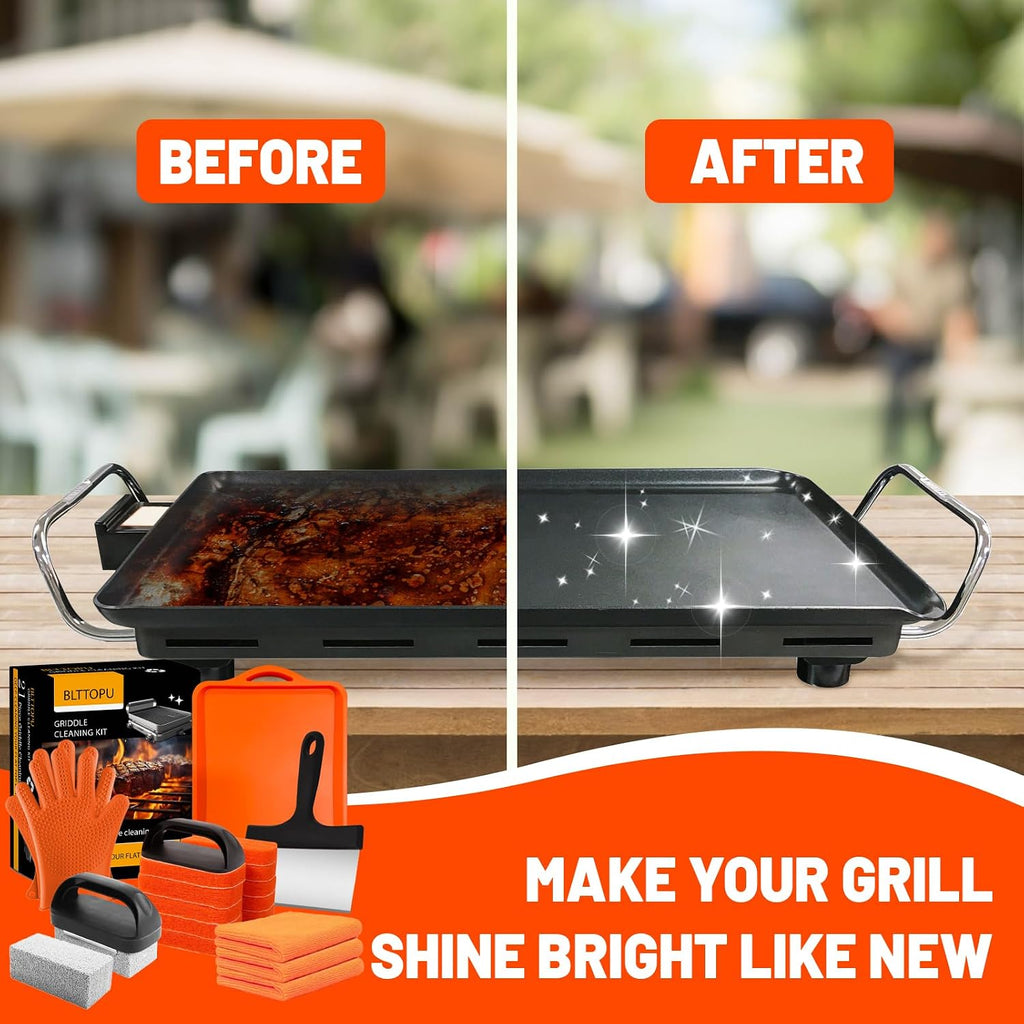21 Pieces Griddle Cleaning Kit for Blackstone, Flat Top Grill Cleaning Accessories with Silicone Spatula Mat, Scraper, Grill Stone & Scouring Pads with Handle, Cleaning Gloves, Cleaning Towel
