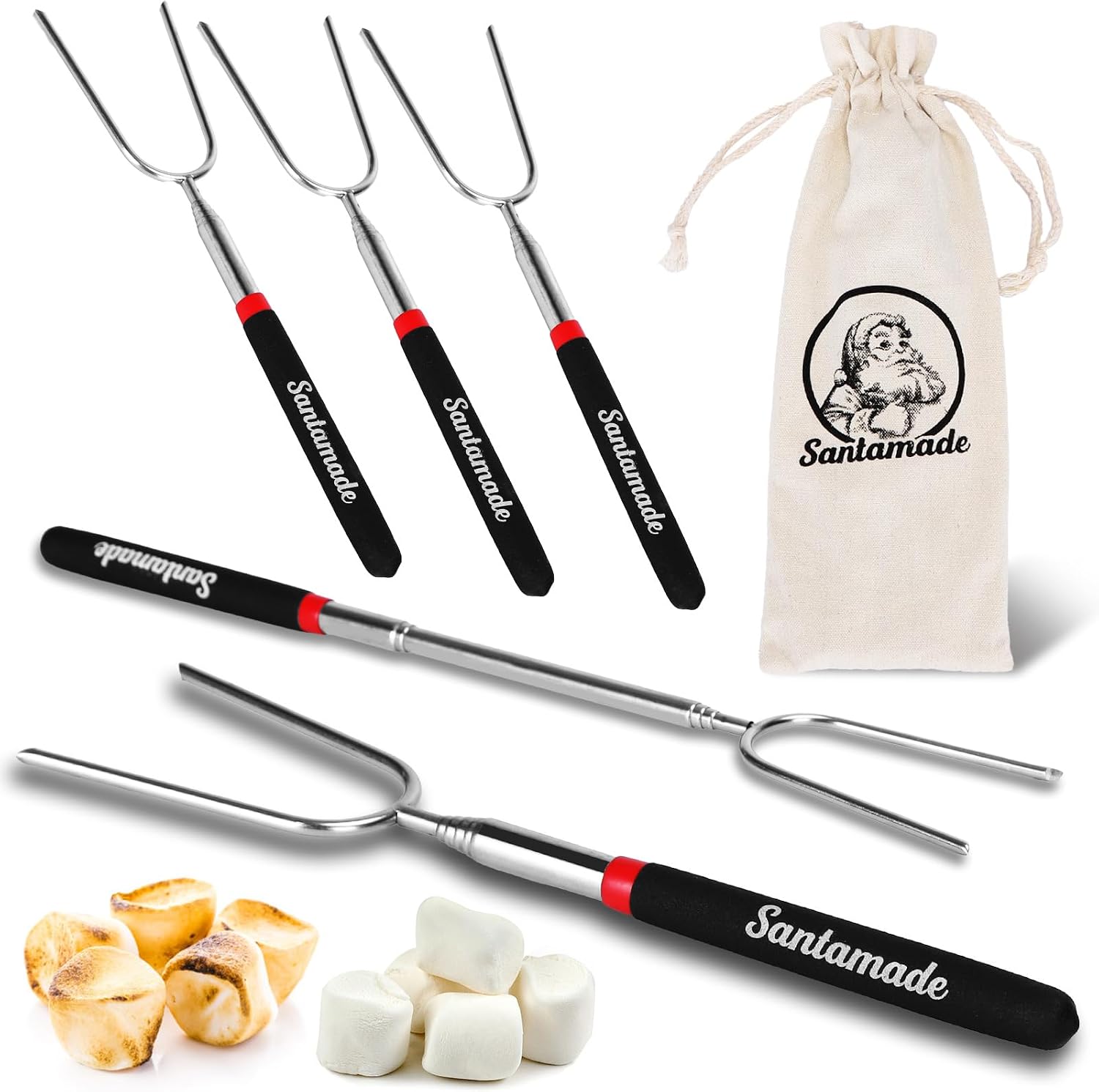 Marshmallow Roasting Sticks Set of 5 | Telescoping Long Smores Sticks for Fire Pit, Hot Dog Sticks for Campfire Grill Bonfire Party Supplies With Storage Sack
