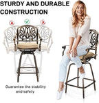 VINGLI 3 Piece Outdoor Bar Set, Cast Aluminum Outdoor Swivel Bar Stools and Table w/Umberlla Hole, All-Weather Outdoor Bar Table and Chairs Set w/Cushions for Patio Balcony(Elizabethan Back)