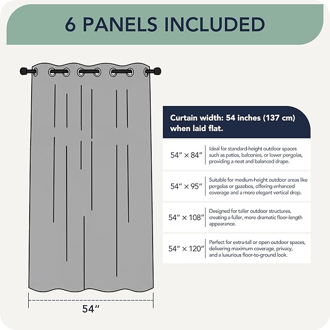 Outdoor Curtains for Patio Waterproof 6 Panels - Windproof, Privacy, Weatherproof Outside Drapes for Gazebo Pergola Porch, Grommet Top and Tab Bottom, 54x95 Inch, Teal