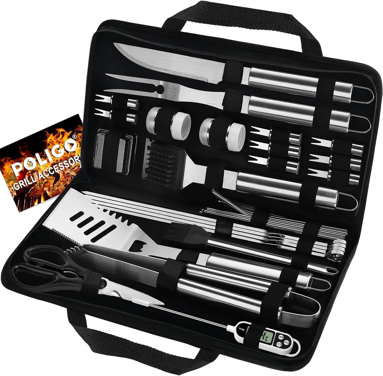 POLIGO 29 PCS BBQ Grill Accessories Stainless Steel BBQ Tools Grilling Tools Set with Storage Bag for Fathers Day Dads Birthday Presents - Camping Grill Utensils Set Ideal Grilling Gift for Men Silver