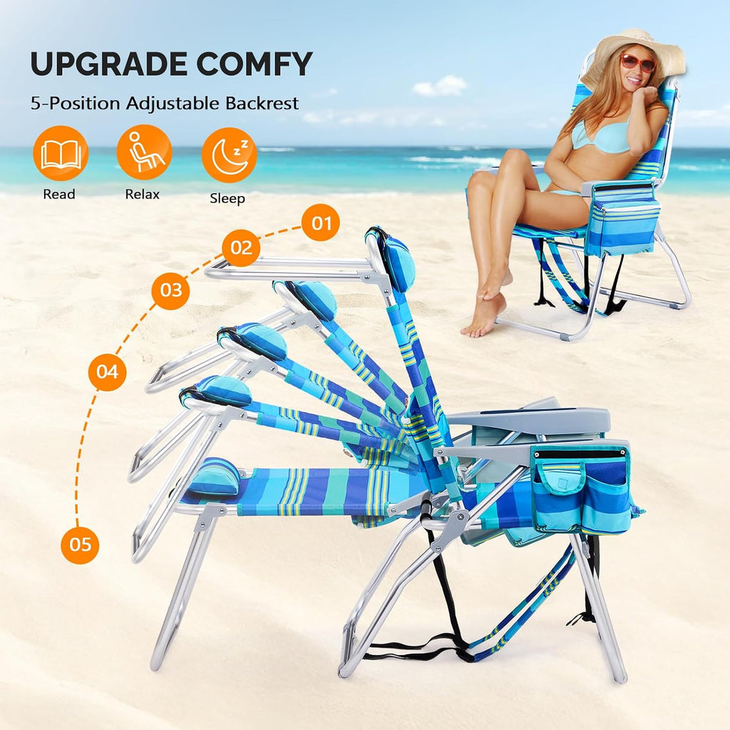 16" Tall Beach Chairs for Adults,2-Pack Lightweight Backpack Chair with 5-Position,Cooler Bag,Cup Holder,Towel Rack，Suitable for Camping Pool Patio Lawn Outdoor Travel