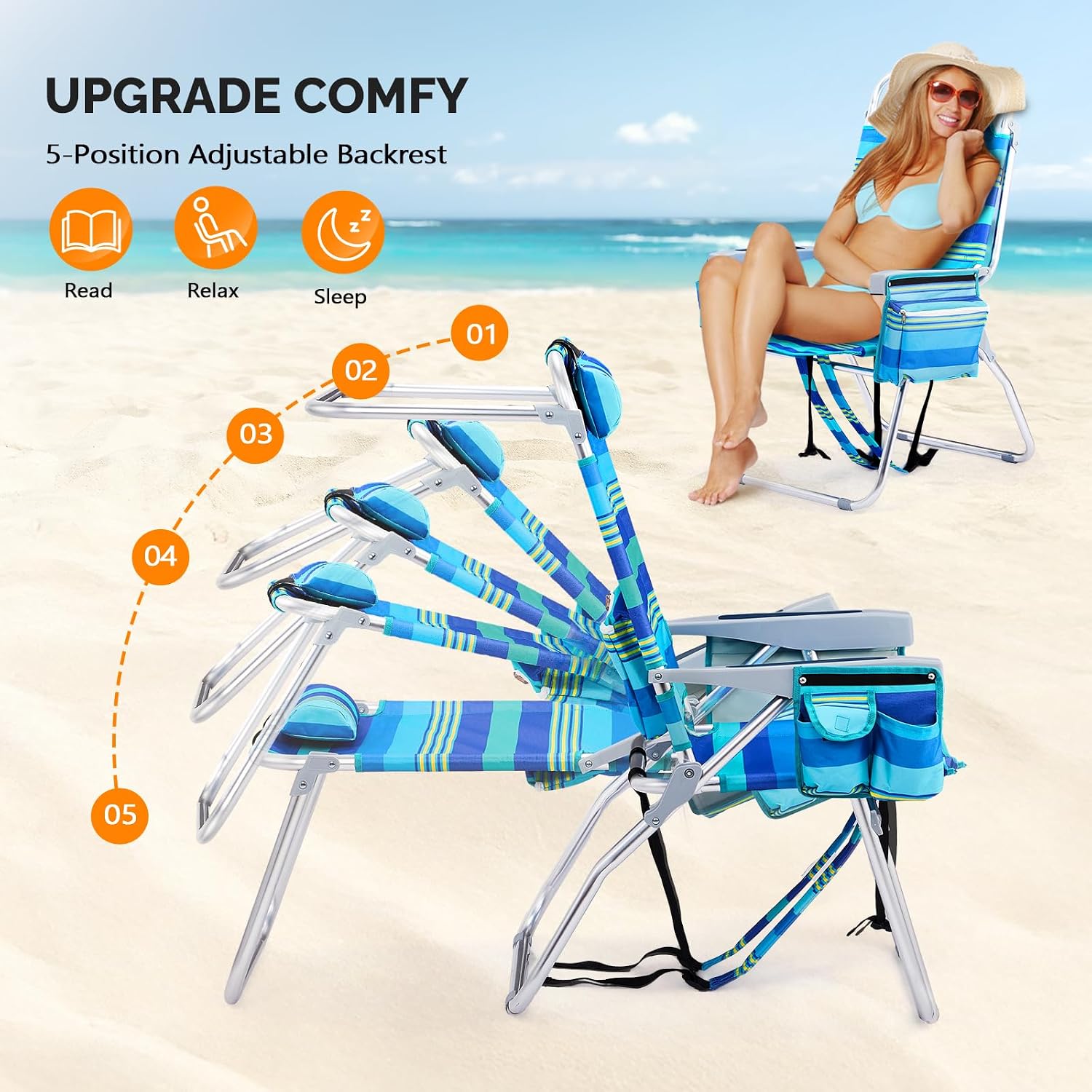 16" Tall Beach Chairs for Adults,2-Pack Lightweight Backpack Chair with 5-Position,Cooler Bag,Cup Holder,Towel Rack，Suitable for Camping Pool Patio Lawn Outdoor Travel