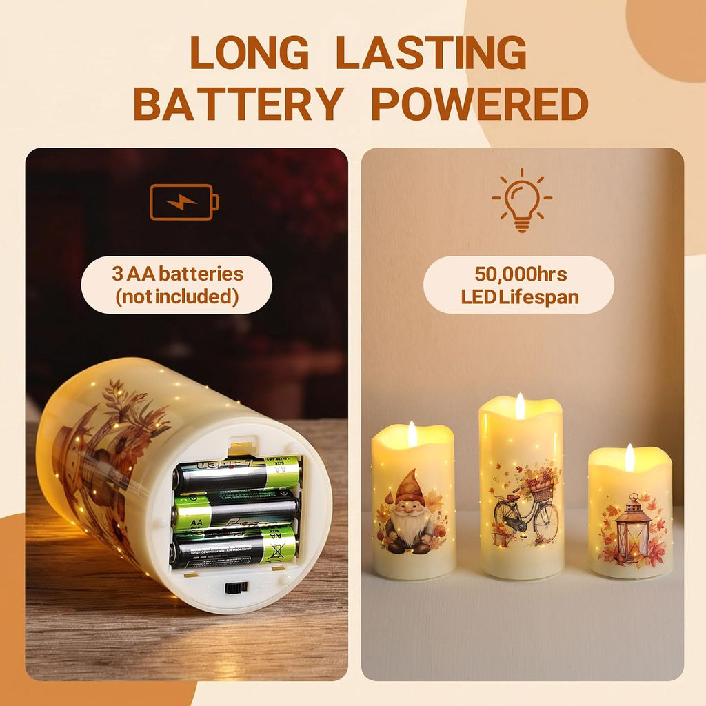 Fall Fiber Optic Flameless Pillar Candles with Remote Set of 3 | Pumpkin Maple Leaf LED Candles Flickering, 3 AA Battery Operated, Harvest Autumn Home Table Shelf Decor