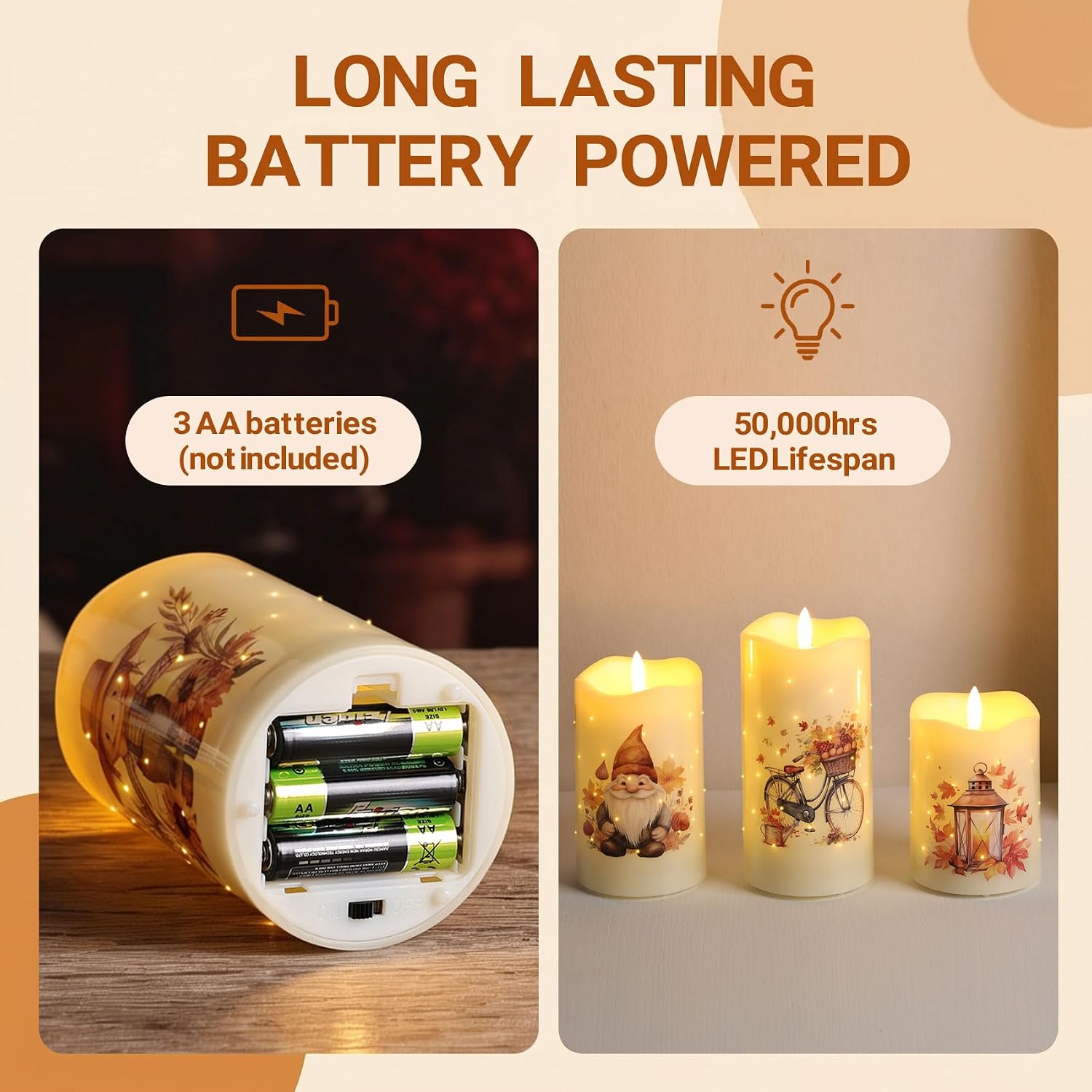 Fall Fiber Optic Flameless Pillar Candles with Remote Set of 3 | Pumpkin Maple Leaf LED Candles Flickering, 3 AA Battery Operated, Harvest Autumn Home Table Shelf Decor
