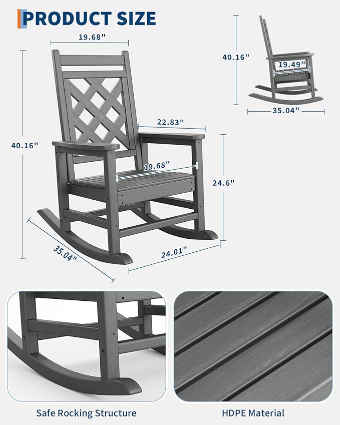 GarveeLife Outdoor Rocking Chair Set of 4, HDPE Weather Resistant Patio Rocking Chair Porch Rocker with Wood Texture & 380 LBS Support for Deck, Pool, Backyard, Gray