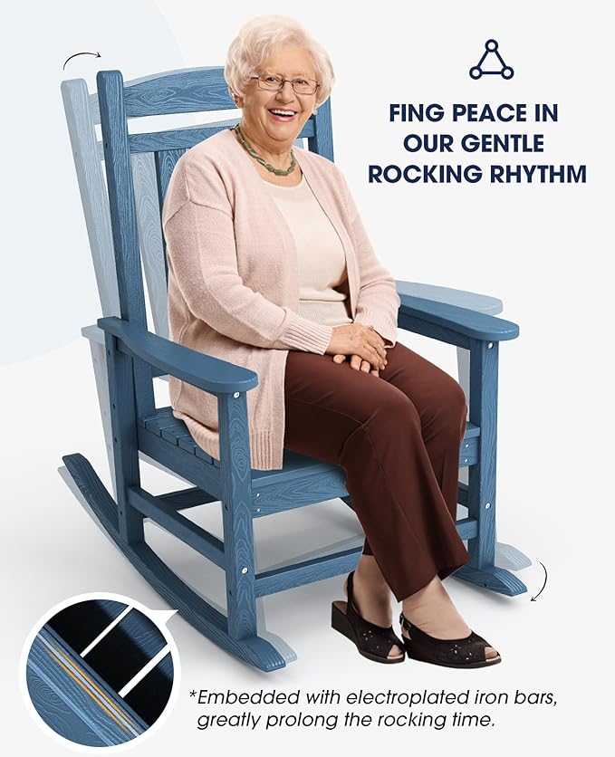 KINGYES HDPE Patio Rocking Chair Set of 2, Outdoor Rocking Chairs Porch Rocker for Adults, Navy