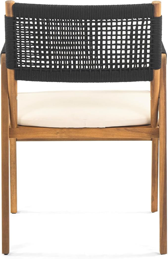 Christopher Knight Home Pasco Acacia Wood Outdoor Dining Table Set for 6, Wicker Patio Dining Set with Acacia Wood Table and Bench, Patio Table and Chair Set with Cushion+Rope Back, Black+Teak+Brown