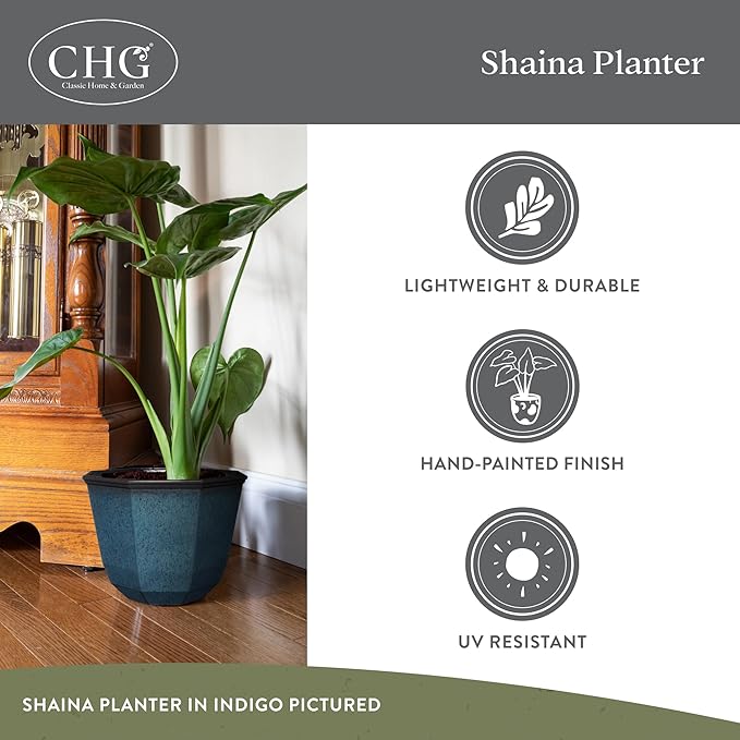 Classic Home and Garden Shaina Planting Pots - Lightweight Indoor & Outdoor Plant Pots - UV-Resistant Resin Flower Pots - Pot Planters for Flowers & Herbs (15” Indigo)