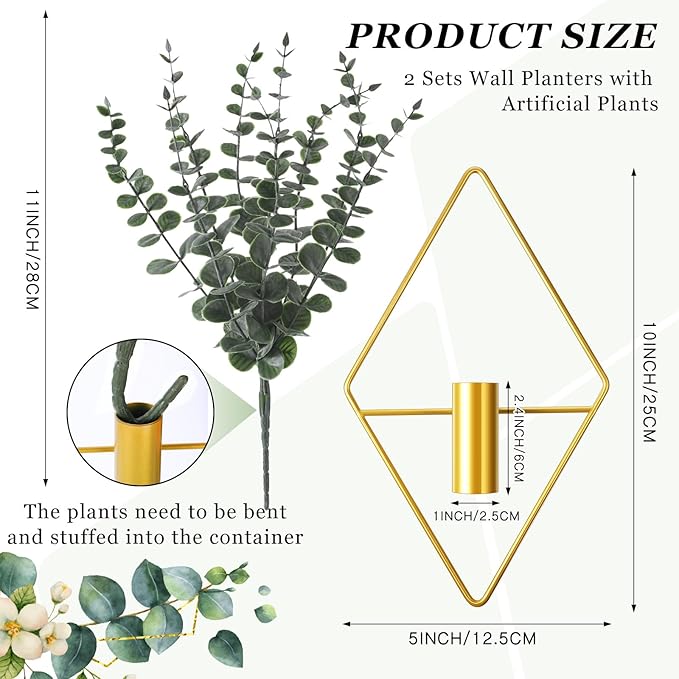 Jexine 8 Pcs Hanging Planters with Artificial Eucalyptus Metal Hanging Vase Indoor Plants Holder Modern Geometric Boho Bathroom Wall Decor for Living Room Home Office (Eucalyptus,Gold)