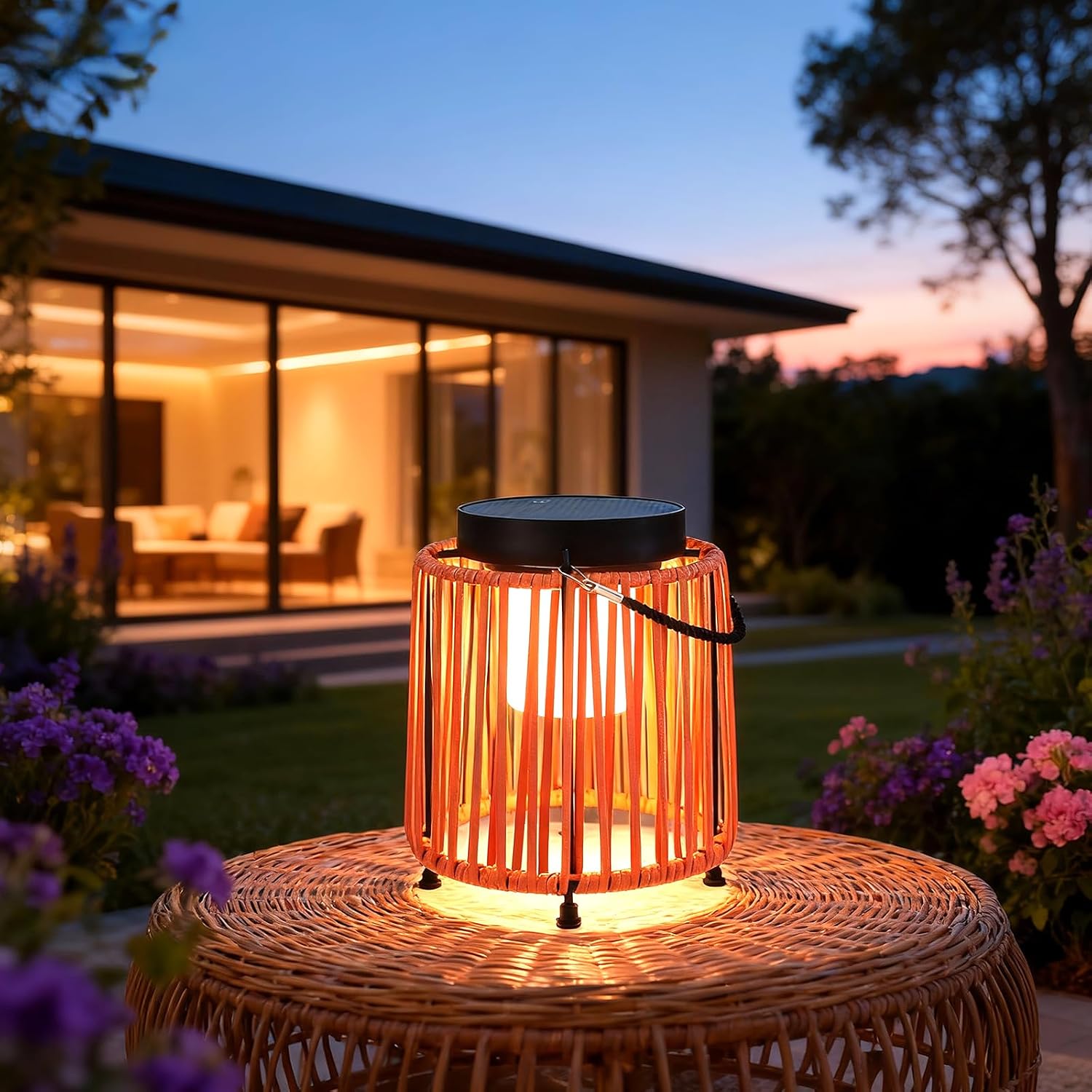 Outdoor Solar Lantern for Patio Waterproof, Rechargeable Table Lamp | Handwoven Wicker Lamp, IP54, 3000mAh, 30+ Hour Runtime, USB-C & Solar Charging for Patio or Indoor, Boho Orange
