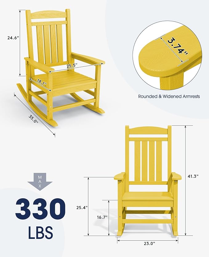 KINGYES HDPE Rocking Chairs Outdoor, Patio Rocking Chairs with 330lbs Support, Smooth Porch Rocker for Deck Lawn Yard, Yellow