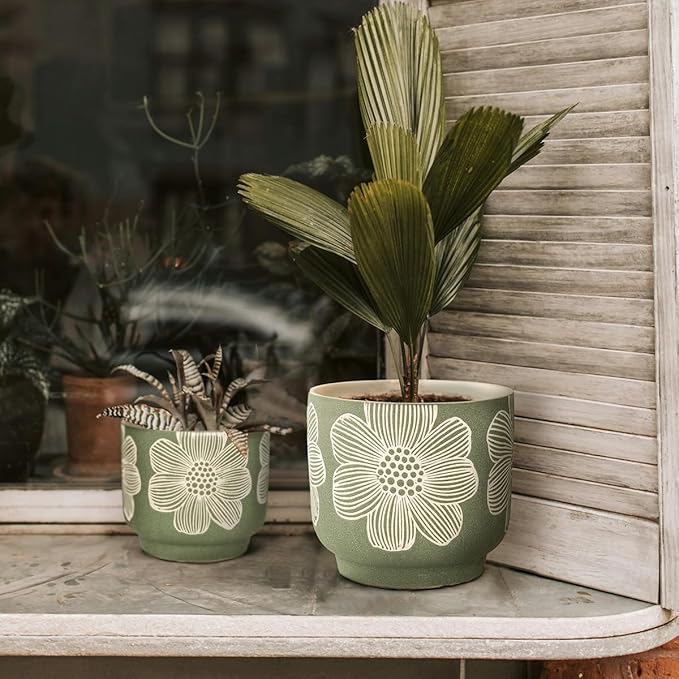 YBX 8 Inch + 6 Inch White Flower Pattern Plant Pots, Sand Glazed Ceramic Planter with Drainage Hole, Flower Pots for Indoor Plants, Green