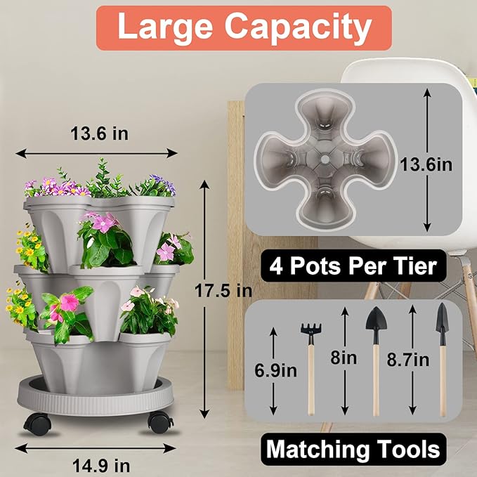 DUNCHATY Stackable Planter, Vertical Garden Planter with Wheels and Tools, Self Watering Strawberry Planter Indoor/Outdoor 3 Tier Herb Planter Pots for Growing Vegetables and Succulents,Gray
