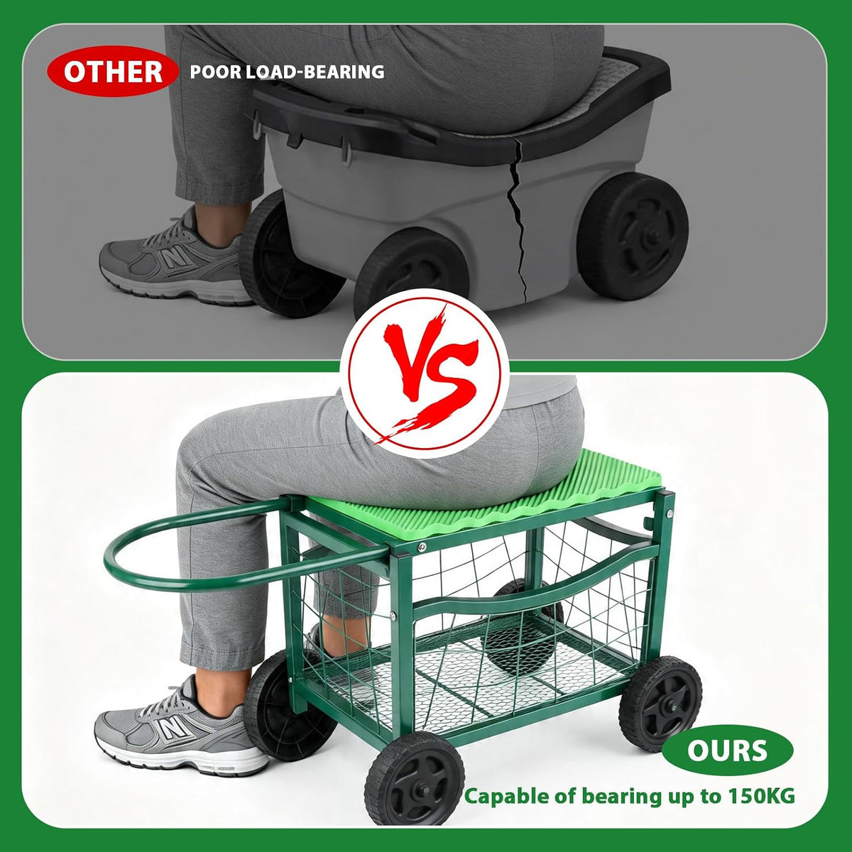garden work chair with wheels, heavy-duty gardening cart, side view