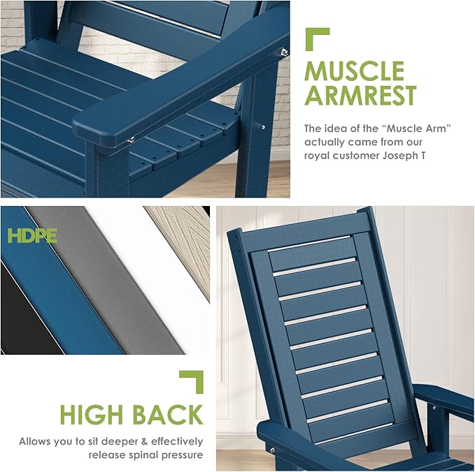 GREENVINES Outdoor Rocking Chairs | Porch Rocker | HDPE Plastic | Blue | Oversized Rockers | High Back | Big & Tall | Ladder Back | for Patio Outside Backyard Balcony Garden
