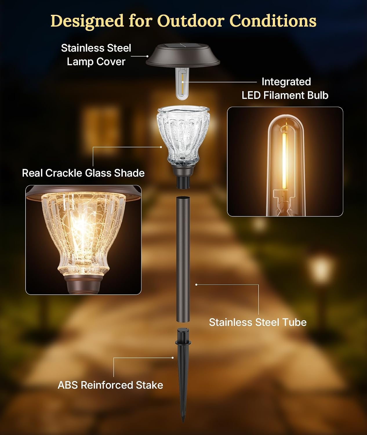 XMCOSY+ Solar Pathway Lights Outdoor, 8 Pack Warm White Solar Garden Lights | Crackled Glass & Metal, IP65 Waterproof, Auto On/Off Soft 2700K LED Edison, Landscape Lights for Yard Walkway Driveway Path