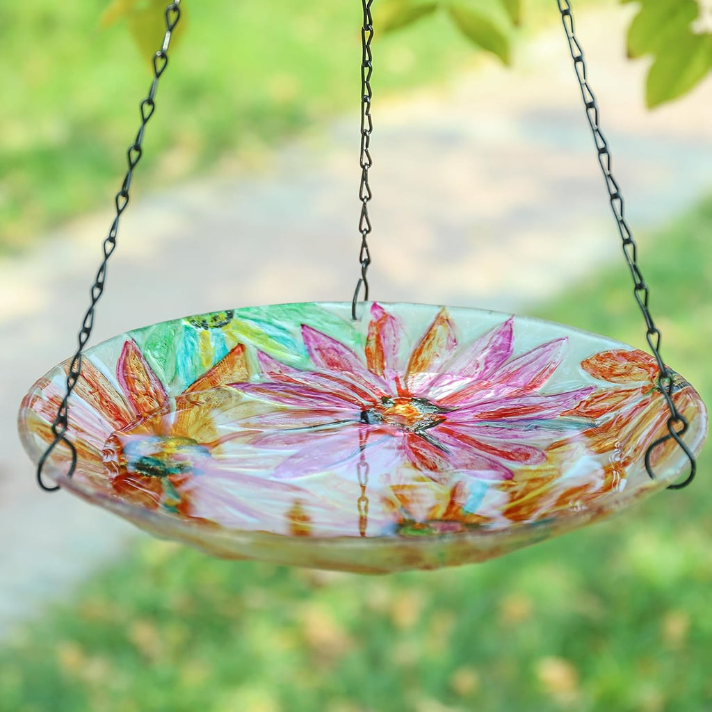 Hanging Bird Bath Outdoors Glass Bird Water Bowl Feeder Garden Decor | 12 Inch Hanging Bird Baths for Outside, Watercolour Daisy Glass Bird Water Bowl Bird Feeders for Garden, Lawn Yard Decor
