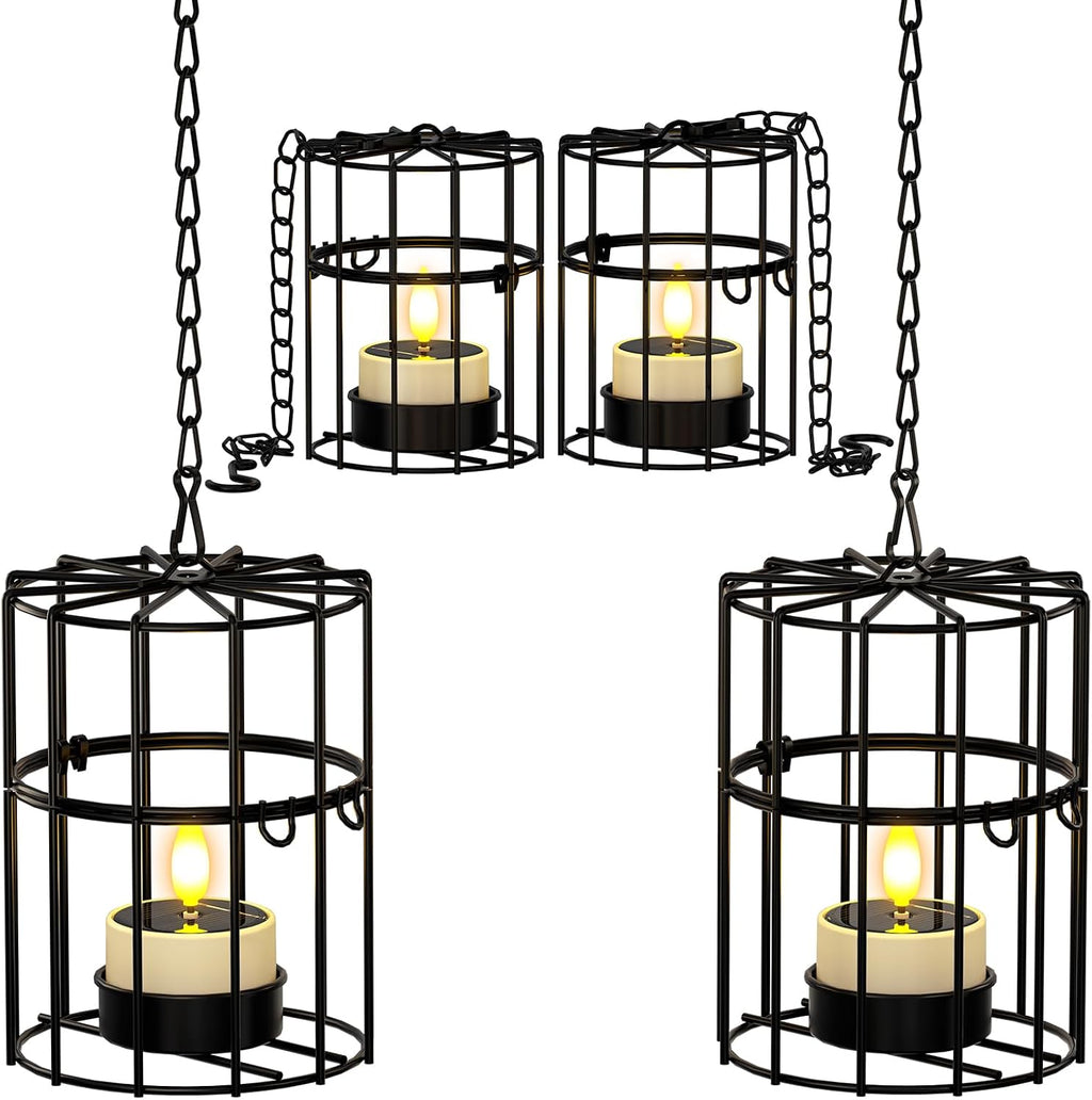 PChero Solar Hanging Lanterns Outdoor Waterproof, 4 Tea Lights, 18.1" Chain | 2 large + 2 small iron holders, flickering LED tea lights, for patio garden tree backyard, 10-12H runtime, removable chain