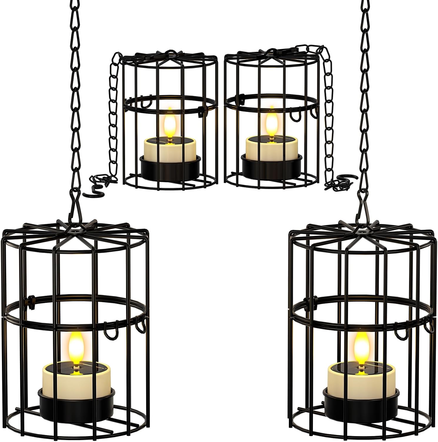 PChero Solar Hanging Lanterns Outdoor Waterproof, 4 Tea Lights, 18.1" Chain | 2 large + 2 small iron holders, flickering LED tea lights, for patio garden tree backyard, 10-12H runtime, removable chain