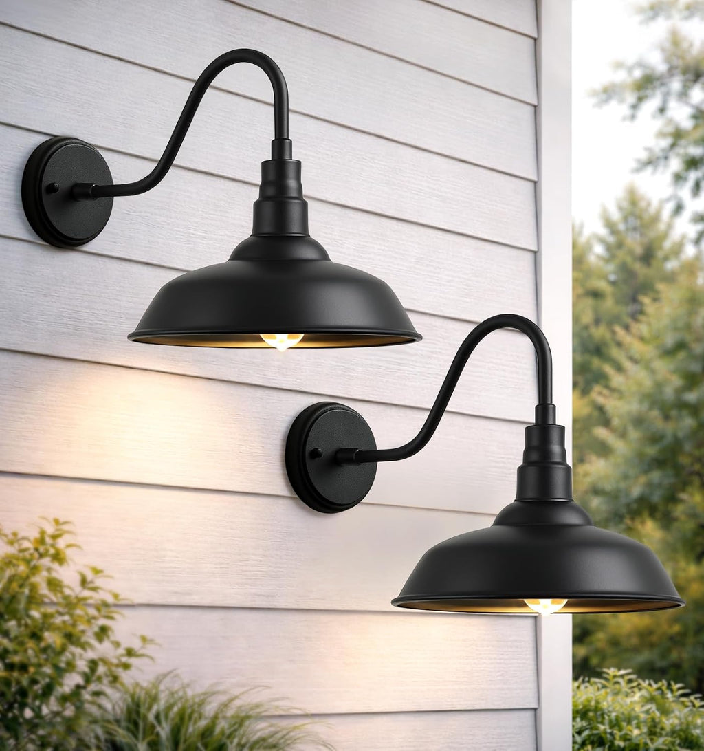 10" Outdoor Gooseneck Barn Light, Black Industrial Farmhouse Outdoor Wall Light Fixture, Suitable for Garages, Porches, Sheds, and Barns, 2-Pack