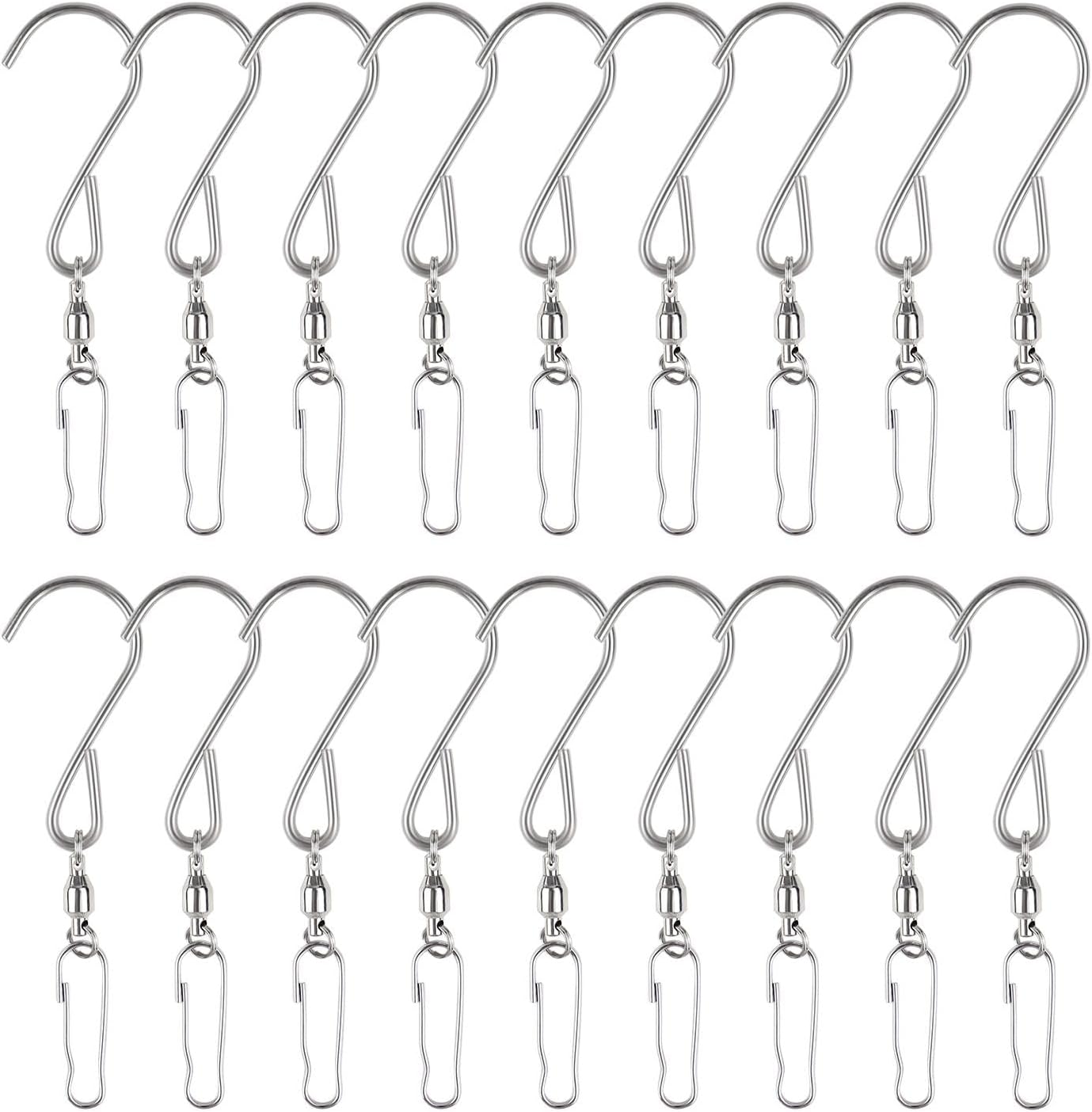 20 Pack Swivel Hooks for Hanging Wind Spinners Stainless Steel Swivel Hook Clips for Wind Chimes Bird Feeder Crystal Twisters 360 Degree Rotating Wind Spinner Hooks Party Supply (Silver)