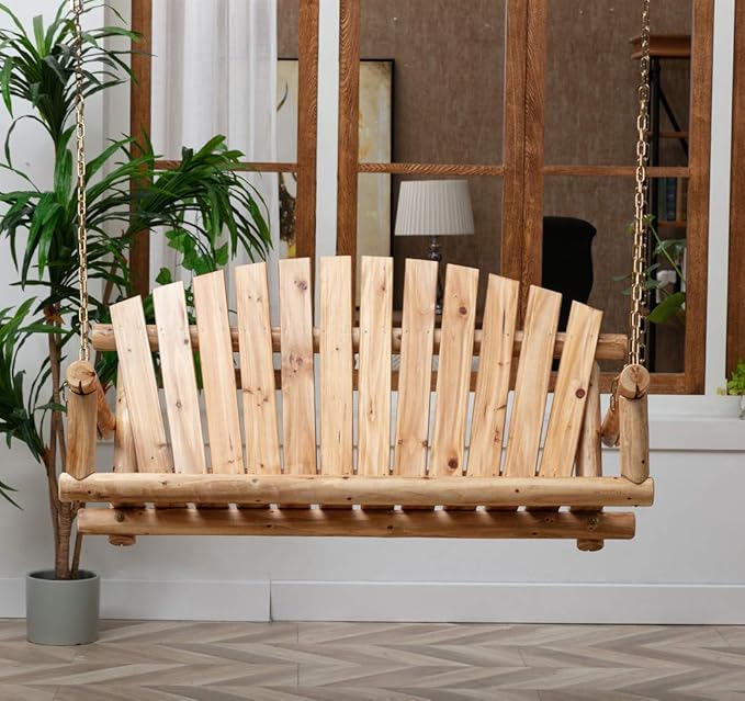 Outdoor Porch Swing Front Porch Hanging Wooden Bench Swing 2 Seat Chair for Garden, Patio, Backyard, Playground, Log Wood 800Lbs, 4 Ft, Brown