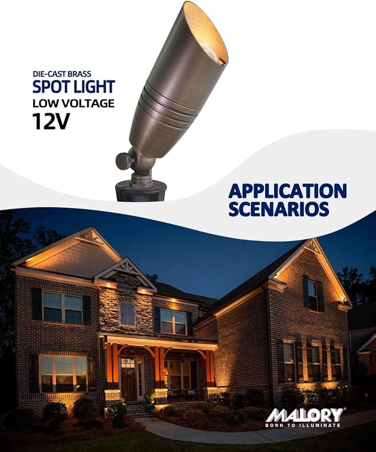 MALORY Brass Landscape Spotlights 4-Pack with Bulb Kit(S02), Low Voltage 12V AC/DC LED Outdoor Spot Uplights for House and Tree,PVC Ground Stake and Wire Connector Included, 5W 2700K Warm White