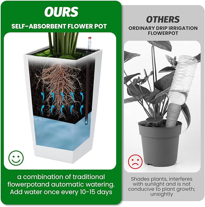 Garvee 16" Tall Planters Set of 2, Outdoor＆Indoor Black Planter Pots, High Front Porch Planter Pots with Drainage Holes＆Water Level Monitor＆Inner Bucket,White