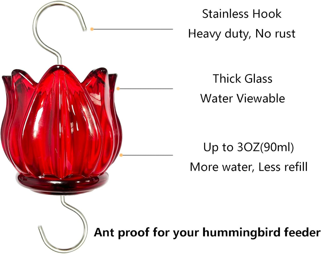Real Glass Ant Moat for Hummingbird Feeders & Oriole Feeders Glass Tulip Shape Insect Guard with Large Capacity Flower Design Nectar Feeder Accessory Hooks (Red, 2 Pack)