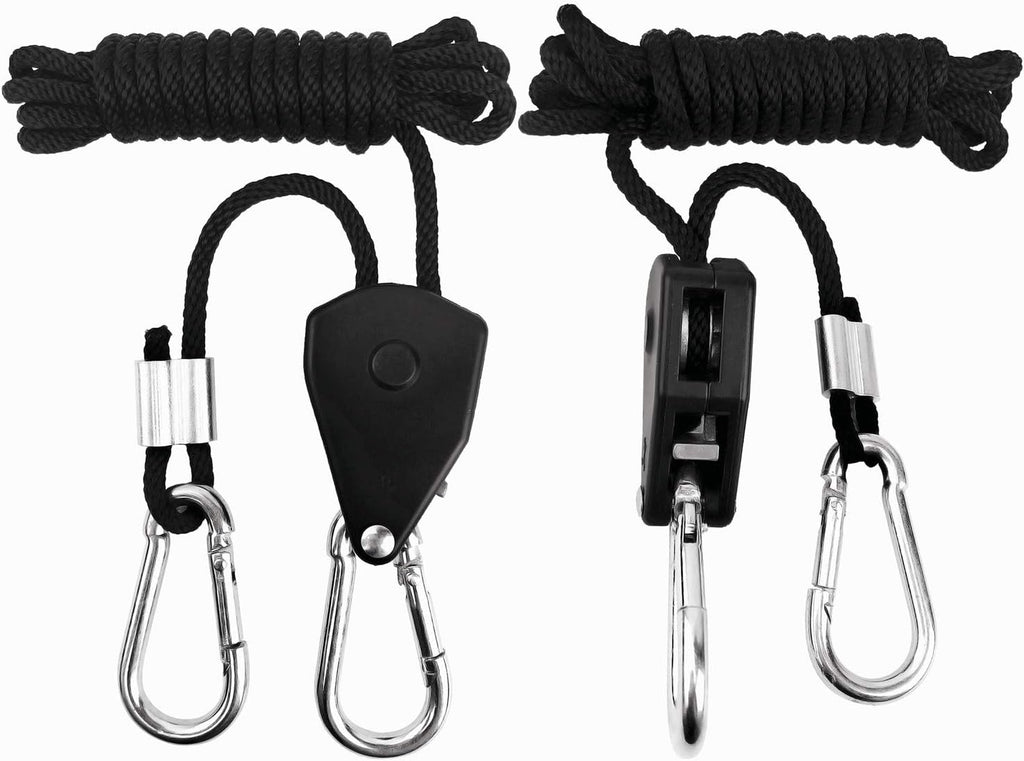 2 Pairs 1/8 inch Adjustable Heavy Duty Rope Hanger - Reinforced Metal Internal Gears Ratchets foe Growing Light Fixtures, Loose-Proof Design, 8-ft Long & 150lbs Weight Capacity