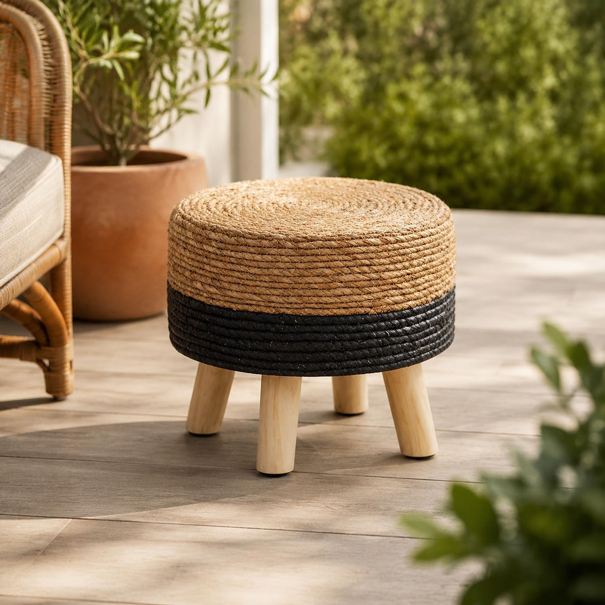 wimarsbon round foot stool natural seagrass poufs ottoman shown in use