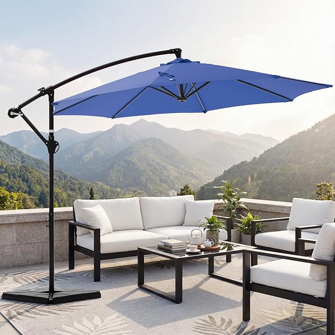 OLIXIS Offset Patio Umbrella, 9.7FT Cantilever Table Umbrellas for Outdoor Sun Shade UV Protection with Easy Tilt Adjustment, 8 Ribs for Backyard, Lawn, Garden, Pool - Blue