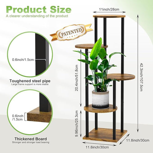 5 Tier Wood Tall Plant Stand Metal Rack Indoor, Multiple Flower Pot Holder Shelves Corner Rack, Round Planter Shelf Display Rack Storage Organizer for Patio Living Room Balcony(Black)