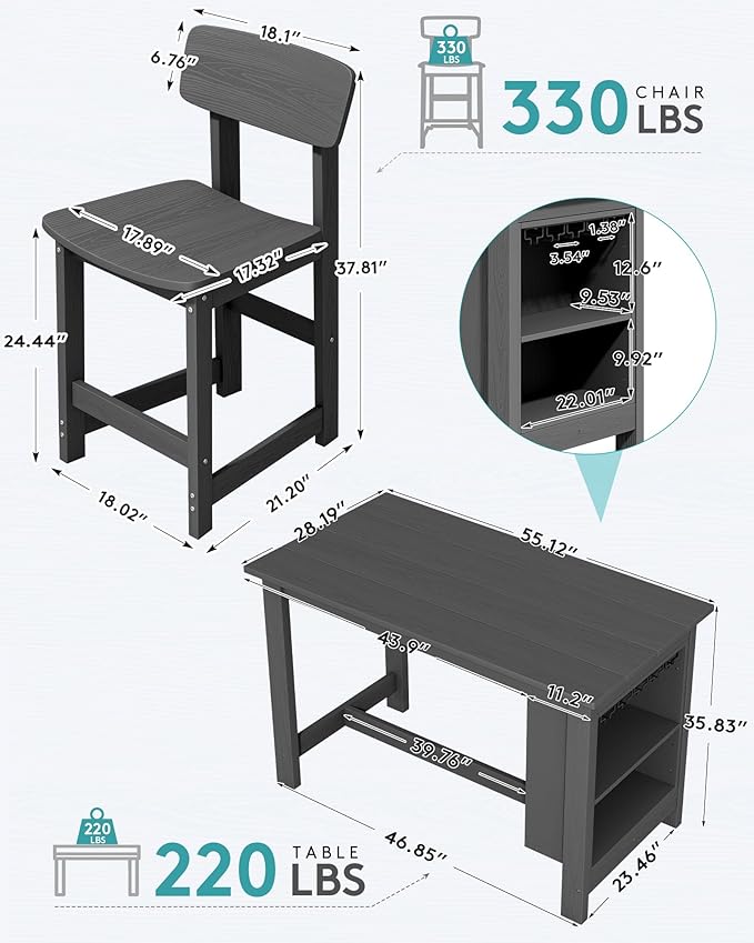 SERWALL Outdoor Bar Table and Chairs Set, 5-Piece HDPE Counter Height Patio Dining Sets with Storage and Wine Rack, Rectangular High Top Bar Table with 4 Bar Stools for Garden, Backyard, Gray