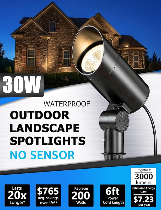 SUNVIE 30W Spot Lights Outdoor LED Spotlight 120V 3000LM Ultra Bright Flag Pole Light with Metal Stake, Warm White Flood Light Landscape Lighting for Yard Flag Tree Garden, 6 FT Cord with Plug, 2 Pack