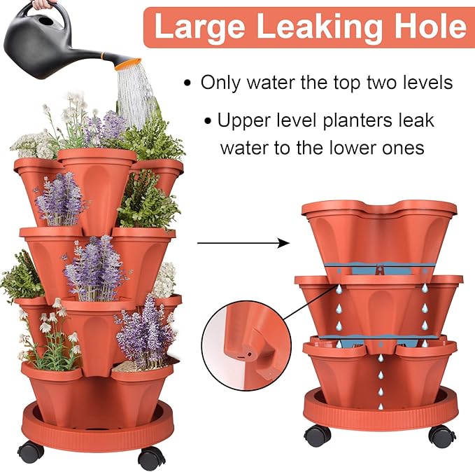 DUNCHATY Stackable Planters 4 Tier Vertical Garden Planting Tower Planters Strawberry, Herb, Flower, and Vegetable Planter Indoor Outdoor Gardening Pots with Removable Wheels and Tools