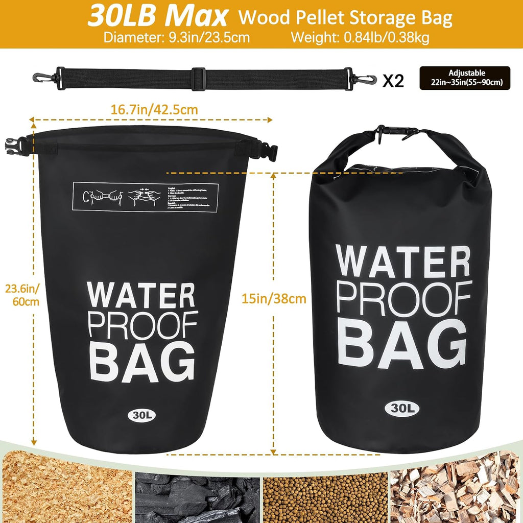 Wood Pellet Storage Containers Waterproof Charcoal Storage Bin-HayahHayah Smoker Pellet Pocket & Buckle Seal & Dual Handles Pellet Containers for Grill Outdoor(30LB) (1-Pcak)