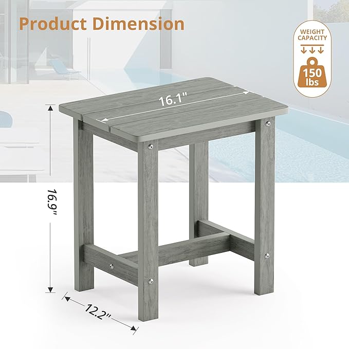 LUE BONA Outdoor Side Table, HDPS Small Outdoor Table, Rectangle Adirondack Side Table, Outside Table for Patio, Porch, Deck, Pool, Weather Resistant/Easy Maintenance, Gray