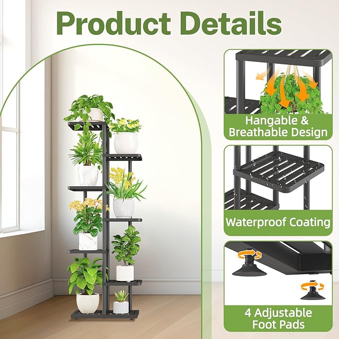 iDavosic.ly Plant Stand Indoor Outdoor, 6-Tier Tall Metal Flower Shelf for Heavy-Duty Large Planters, Corner Orchid Display Rack for Living Room Balcony Patio Porch, Space Saving, Modern Black