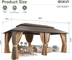 Aoxun 10x12 Gazebo Outdoor Hardtop Gazebo with Double Galvanized Steel Roof Metal Frame Pavilion with Breathable Netting and Privacy Curtain for Backyard (Brown)