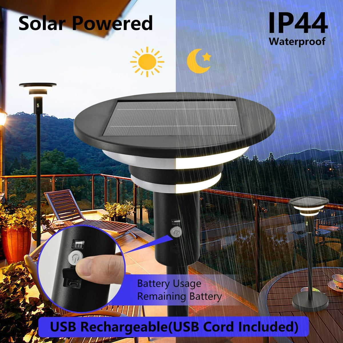 solar floor lamp for patio waterproof ip44,outdoor usb showing dimensions