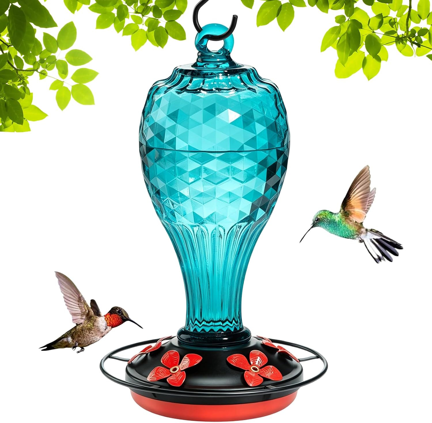 Blown Glass Hummingbird Feeder, Blue, 20 oz | Hand-blown glass hummingbird feeder for outdoor hanging, hot air balloon design, leak-proof seal, ant moat, garden decor
