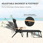 Folding Lounge Chairs for Outside, Beach Patio Lounge Chair, Sunbathing/Tanning Chair with 4 Adjustable Backrest & Cup & Pillow,Holds 330 Lb, Outdoor Garden Pool (Deep Black)