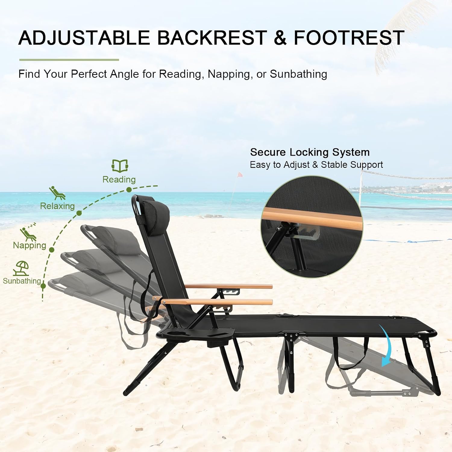 Folding Lounge Chairs for Outside, Beach Patio Lounge Chair, Sunbathing/Tanning Chair with 4 Adjustable Backrest & Cup & Pillow,Holds 330 Lb, Outdoor Garden Pool (Deep Black)