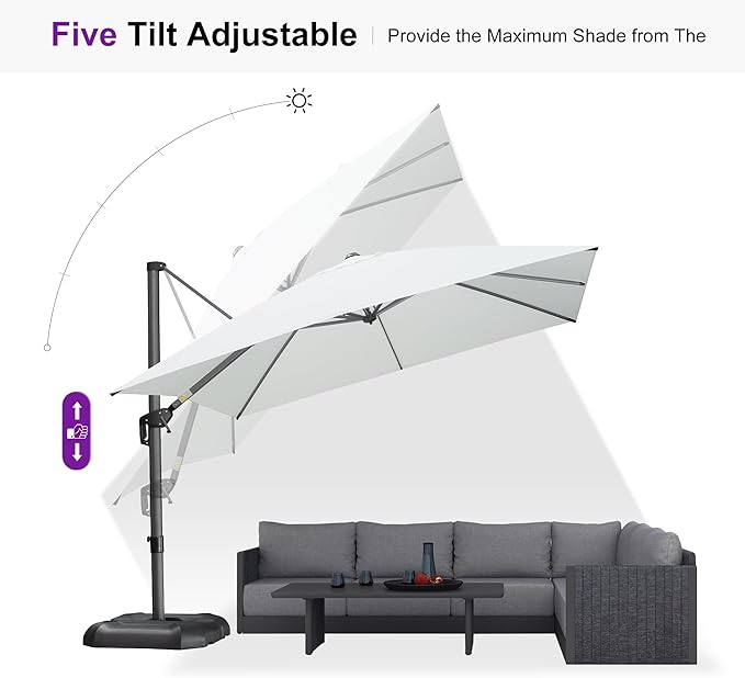 PURPLE LEAF 10 Feet Patio Umbrella with Base Outdoor Cantilever Square Umbrella Aluminum Offset Umbrella with 360-degree Rotation for Garden Deck Pool Patio White